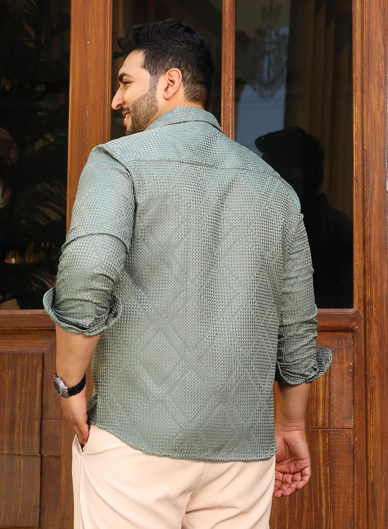 Instafab Plus  Instafab Plus Men's Sage Green Shard-Tactile Shirt For Casual Wear | Spread Collar | Long Cuffed Sleeves | Button Closure | Plus Size Shirt Crafted With Comfort Fit For Everyday Wear for Men | Best Price UAE