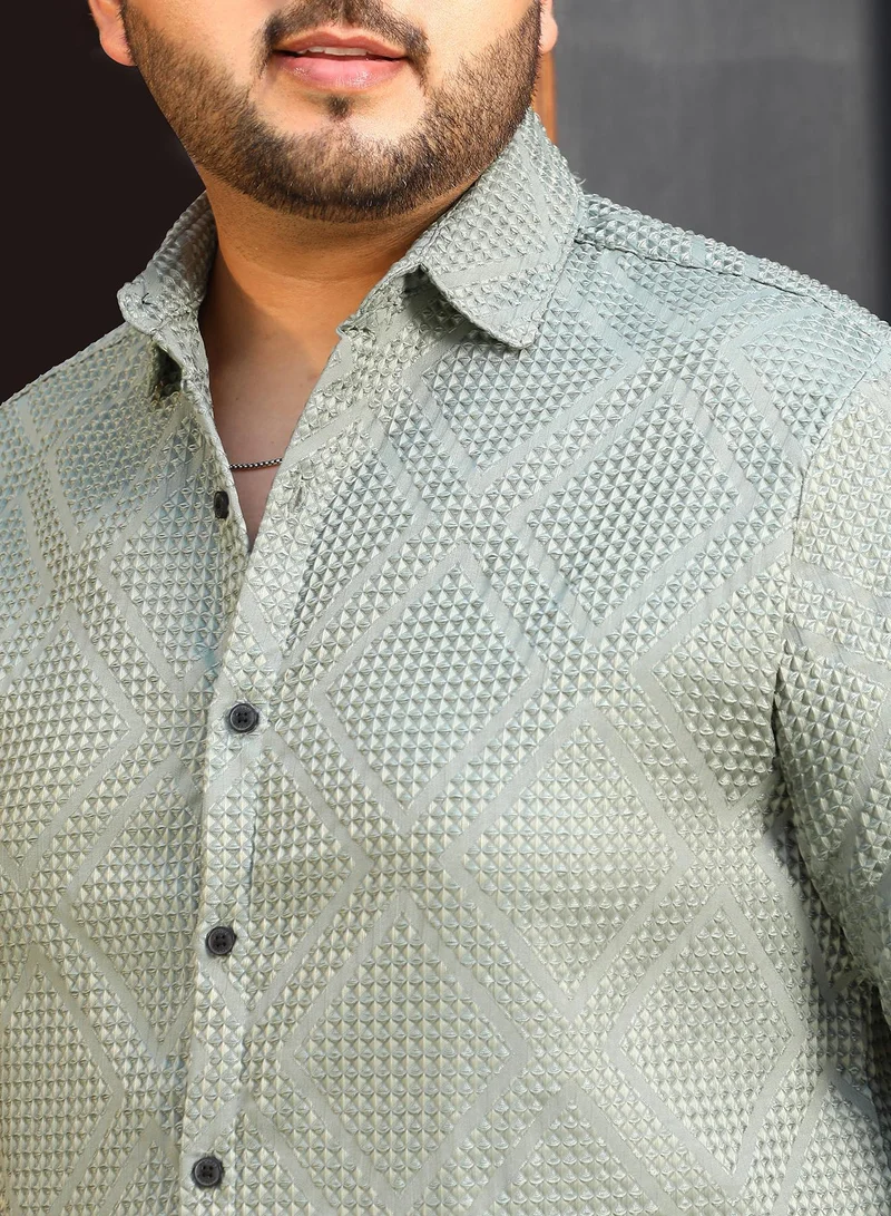 Instafab Plus  Instafab Plus Men's Sage Green Shard-Tactile Shirt For Casual Wear | Spread Collar | Long Cuffed Sleeves | Button Closure | Plus Size Shirt Crafted With Comfort Fit For Everyday Wear for Men | Best Price UAE