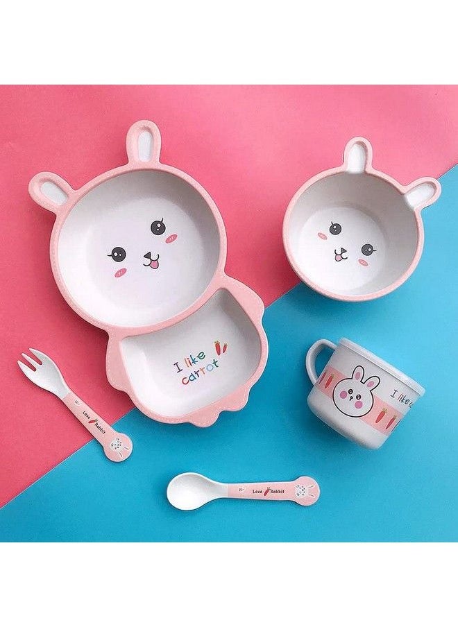 HS Enterprise Rabbit Bamboo Baby Tableware Set Eco Friendly Bamboo Fiber Dinner Set For Weaning Toddlers Kids Set Of Plate Bowl Cup Fork And Spoon Baby Feeding Utensils For Kids (Rabbit)  - Image 5