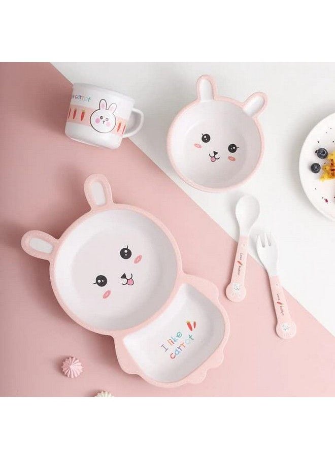HS Enterprise Rabbit Bamboo Baby Tableware Set Eco Friendly Bamboo Fiber Dinner Set For Weaning Toddlers Kids Set Of Plate Bowl Cup Fork And Spoon Baby Feeding Utensils For Kids (Rabbit)  - Image 2