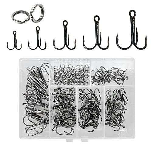 UperUper 200 Pack Fishing Treble Hooks Kit High Carbon Steel Hooks Strong Sharp Round Bend with Split Rings for Lures Baits Saltwater Freshwater Fishing Size 2# 4# 6# 8# 10# - Image 1