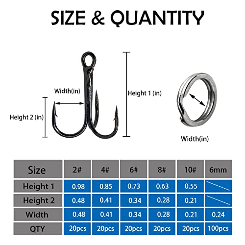 UperUper 200 Pack Fishing Treble Hooks Kit High Carbon Steel Hooks Strong Sharp Round Bend with Split Rings for Lures Baits Saltwater Freshwater Fishing Size 2# 4# 6# 8# 10# - Image 3