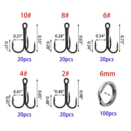 UperUper 200 Pack Fishing Treble Hooks Kit High Carbon Steel Hooks Strong Sharp Round Bend with Split Rings for Lures Baits Saltwater Freshwater Fishing Size 2# 4# 6# 8# 10# - Image 4