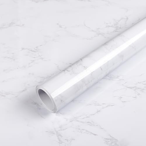 Abyssaly Glossy Marble Contact Paper White Wallpaper Peel and Stick Self Adhesive Waterproof Contact Paper for Countertop Kitchen Cabinets Bathroom 177 x 196 - Image 1