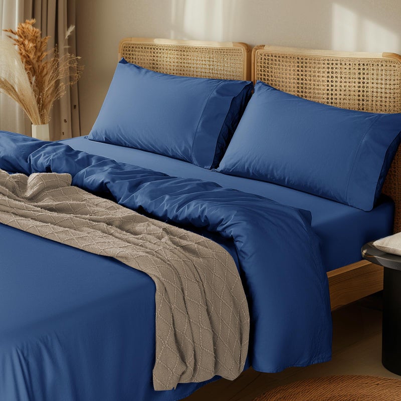 LBRO2M LBRO2M 1000 Thread Count 100% Cotton Sheets Set Full Size Bed Sheet 4 Piece Sets Long Staple 16 Inches Deep Pocket All Season Bedding Super Soft Comforterble Breathable Sateen(Navy Blue)  - Image 1