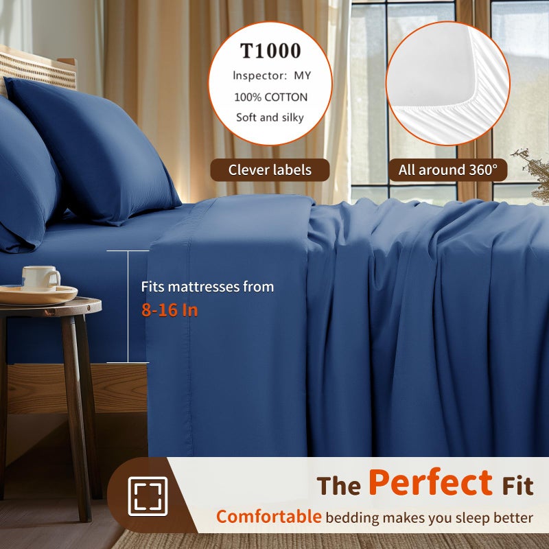 LBRO2M LBRO2M 1000 Thread Count 100% Cotton Sheets Set Full Size Bed Sheet 4 Piece Sets Long Staple 16 Inches Deep Pocket All Season Bedding Super Soft Comforterble Breathable Sateen(Navy Blue)  - Image 3