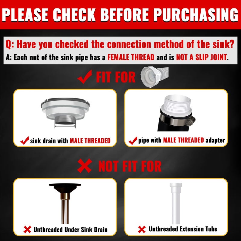 VIVIDA 1-1/2" Sink Drain Pipe Kit, Flexible Drain Pipe P Trap, 7.5"-17.7" Flexible P Trap, Under Sink Plumbing for Bathroom & Kitchen, 1-1/4" Adapter Included, 1 PACK - Image 2