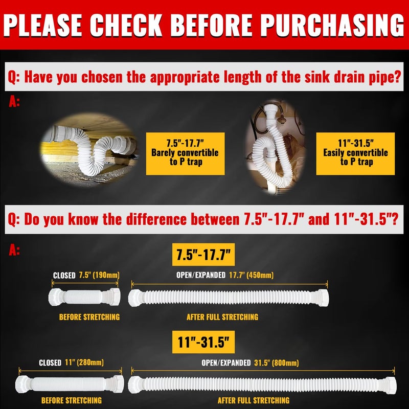 VIVIDA 1-1/2" Sink Drain Pipe Kit, Flexible Drain Pipe P Trap, 7.5"-17.7" Flexible P Trap, Under Sink Plumbing for Bathroom & Kitchen, 1-1/4" Adapter Included, 1 PACK - Image 3