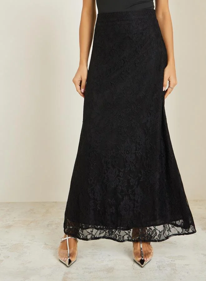 Styli  Black Lace A-Line Maxi Skirt for Women | Best Price UAE