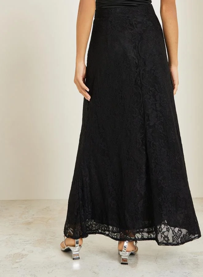 Styli  Black Lace A-Line Maxi Skirt for Women | Best Price UAE