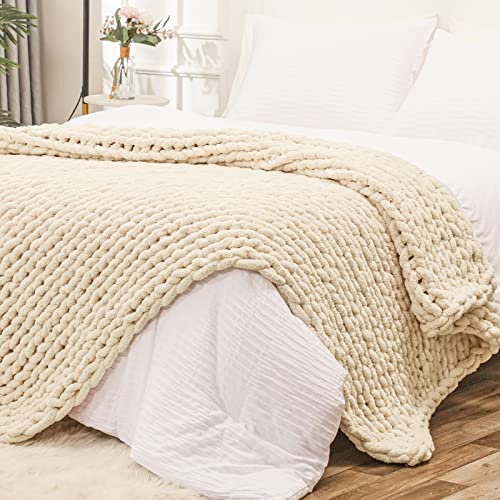 Bigacogo Chunky Knit Throw Blanket for Couch, 51x63 inches, 100% Hand Knitted with Thick Jumbo Chenille Yarn, Cozy Soft Large Rope Knot Cable Crochet Blankets for Sofa Bed Living Room, Beige - Image 1