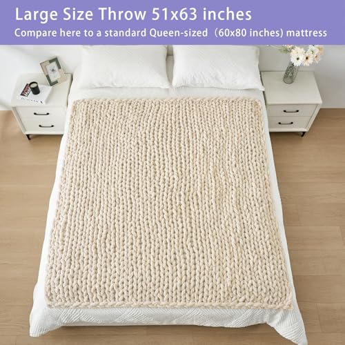Bigacogo Chunky Knit Throw Blanket for Couch, 51x63 inches, 100% Hand Knitted with Thick Jumbo Chenille Yarn, Cozy Soft Large Rope Knot Cable Crochet Blankets for Sofa Bed Living Room, Beige - Image 5