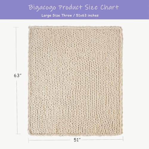 Bigacogo Chunky Knit Throw Blanket for Couch, 51x63 inches, 100% Hand Knitted with Thick Jumbo Chenille Yarn, Cozy Soft Large Rope Knot Cable Crochet Blankets for Sofa Bed Living Room, Beige - Image 2