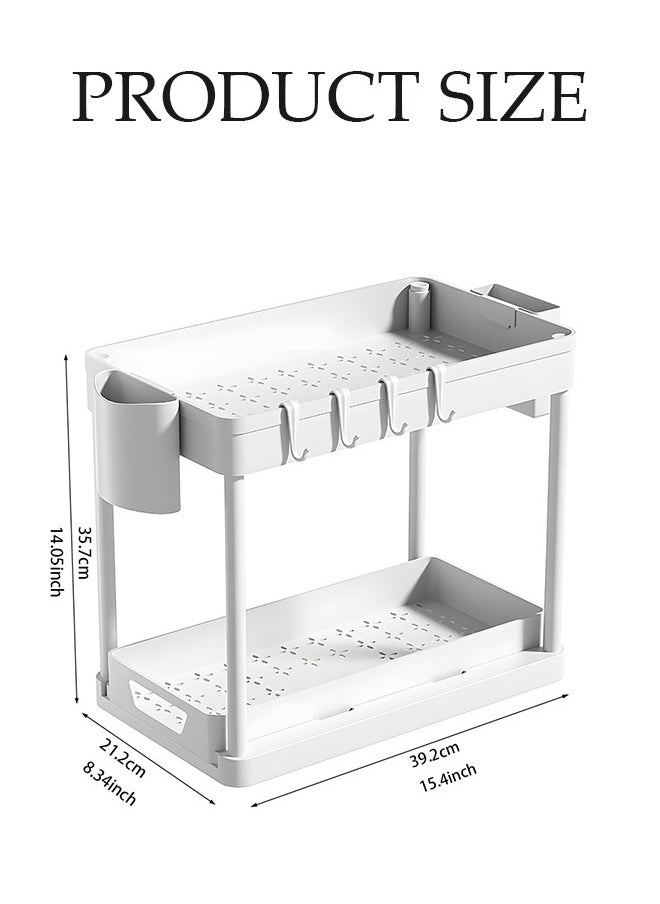 DUNISO Double layer storage rack, multifunctional kitchen floor rack, cosmetics storage rack, table side storage platform, with hooks, suitable for kitchen, bathroom, office, dormitory, 39.2 * 21.2 * 35.7cm，white  - Image 2
