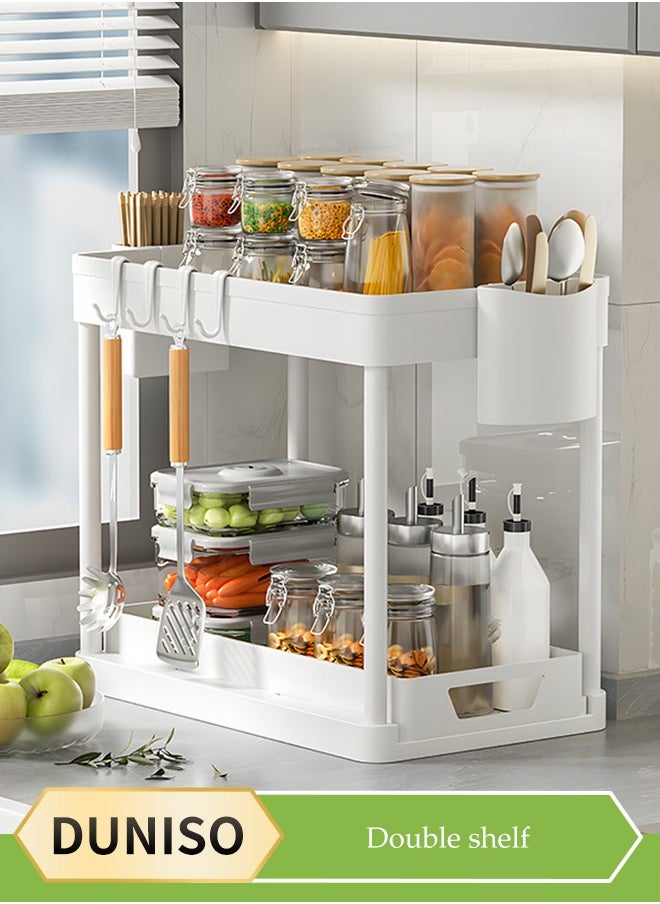 DUNISO Double layer storage rack, multifunctional kitchen floor rack, cosmetics storage rack, table side storage platform, with hooks, suitable for kitchen, bathroom, office, dormitory, 39.2 * 21.2 * 35.7cm，white  - Image 1
