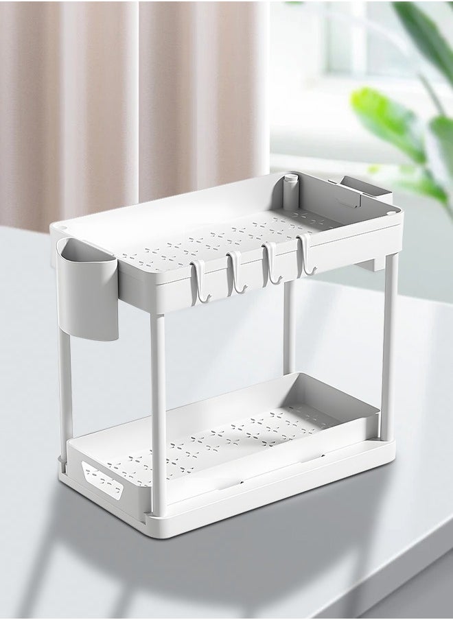 DUNISO Double layer storage rack, multifunctional kitchen floor rack, cosmetics storage rack, table side storage platform, with hooks, suitable for kitchen, bathroom, office, dormitory, 39.2 * 21.2 * 35.7cm，white  - Image 3