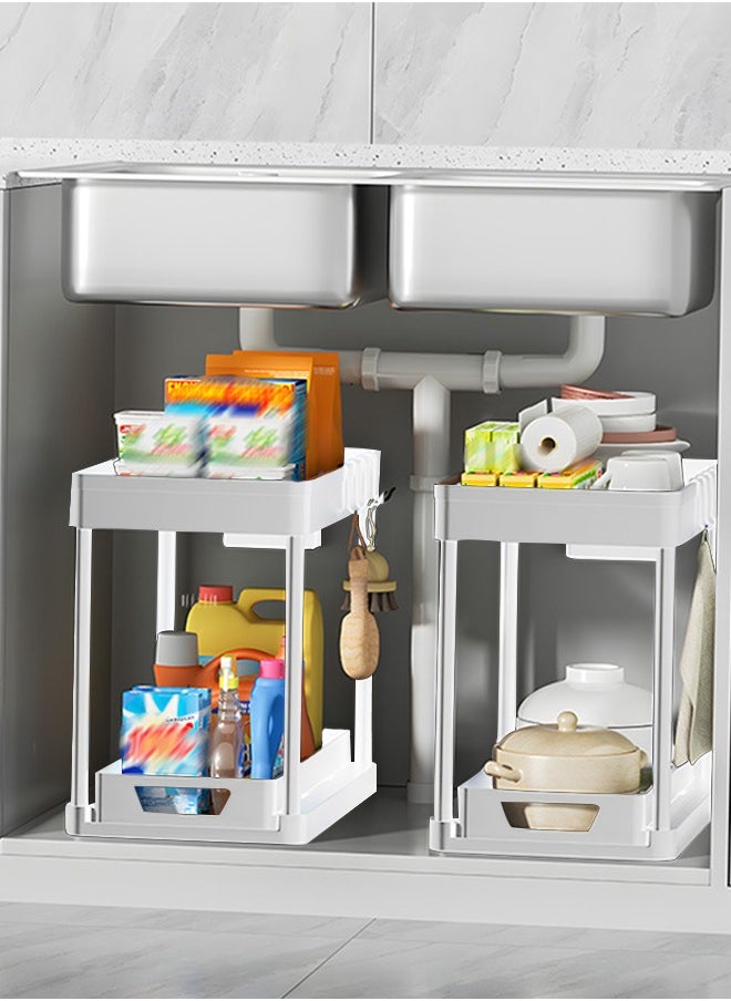 DUNISO Double layer storage rack, multifunctional kitchen floor rack, cosmetics storage rack, table side storage platform, with hooks, suitable for kitchen, bathroom, office, dormitory, 39.2 * 21.2 * 35.7cm，white  - Image 5