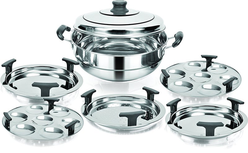 Kitchen Essentials Induction Steamer Cooker Kadai Silver 2idli 2Dhokla 1Patra Plate - Image 1