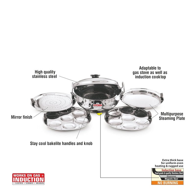 Kitchen Essentials Induction Steamer Cooker Kadai Silver 2idli 2Dhokla 1Patra Plate - Image 3