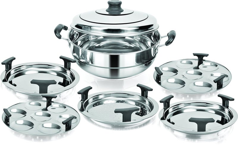 Kitchen Essentials Induction Steamer Cooker Kadai Silver 2idli 2Dhokla 1Patra Plate - Image 2