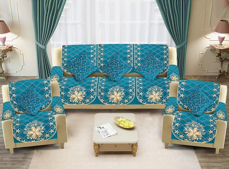 Dazzling DECOR Velvet Sofa Cover with Arm Cover and Cushion Covers Set of 5Seater - Sofa Covers 3Seater and 2Seater Full Cover Set for Couch Seat -Sofa Slip Protector 1152-02_Aqua - Image 1