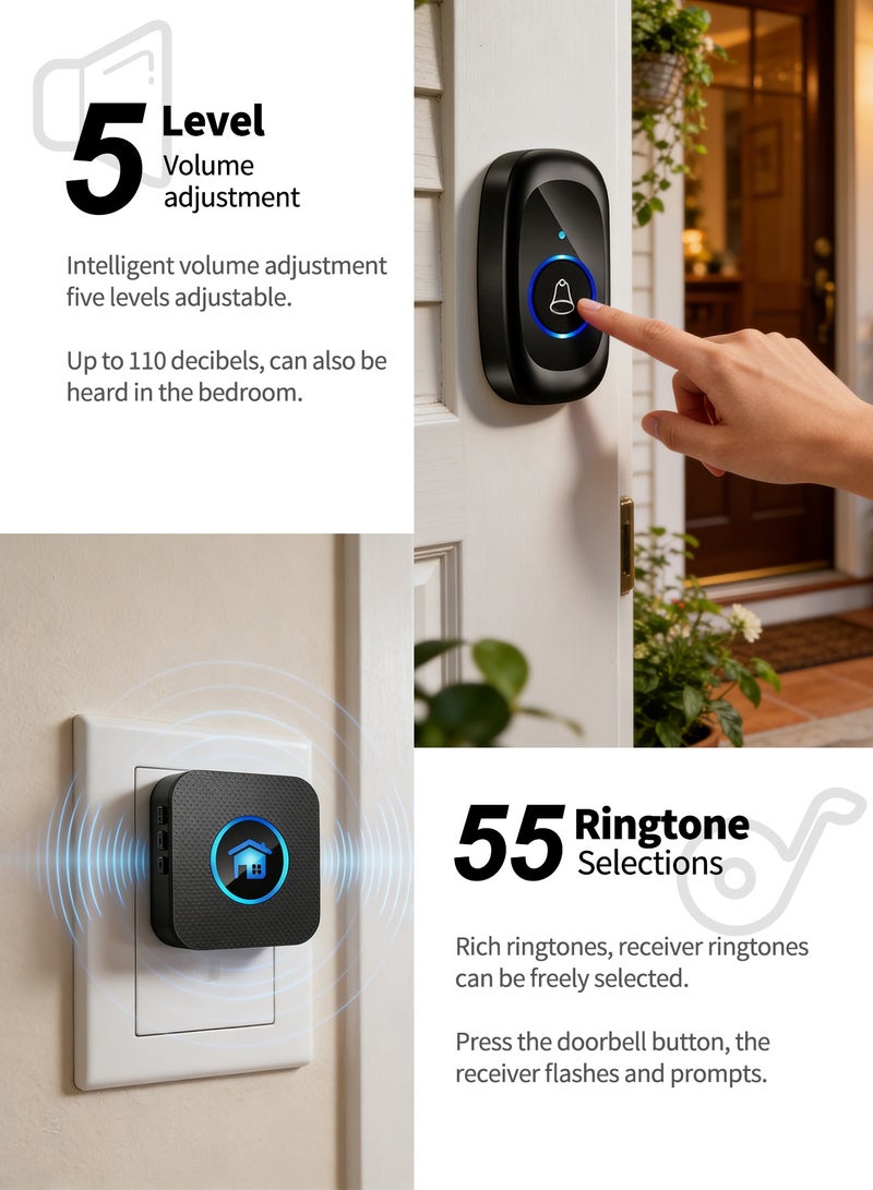 Bcarenest Wireless Waterproof Doorbell Kit ,Long-Distance Transmission, 55 Ringtones, 5-Level Volume Adjustment — Also Suitable as a Pager for Elderly Users (2 Transmitters + 1 Receiver) - Image 5
