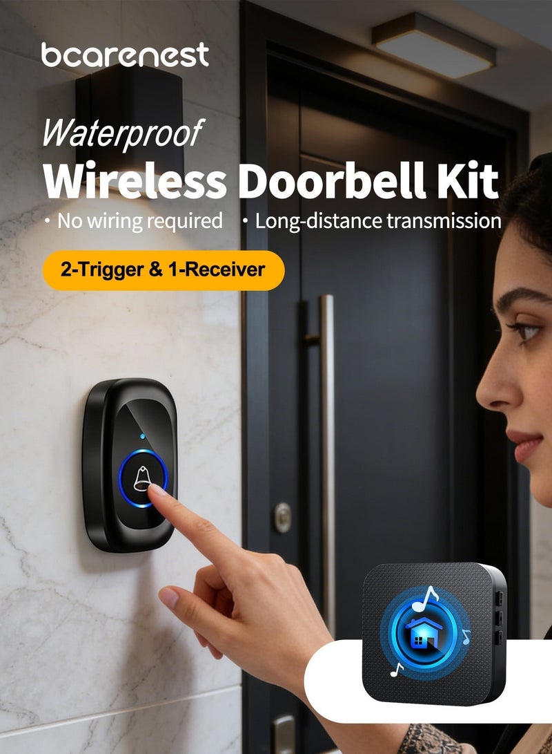 Bcarenest Wireless Waterproof Doorbell Kit ,Long-Distance Transmission, 55 Ringtones, 5-Level Volume Adjustment — Also Suitable as a Pager for Elderly Users (2 Transmitters + 1 Receiver) - Image 2