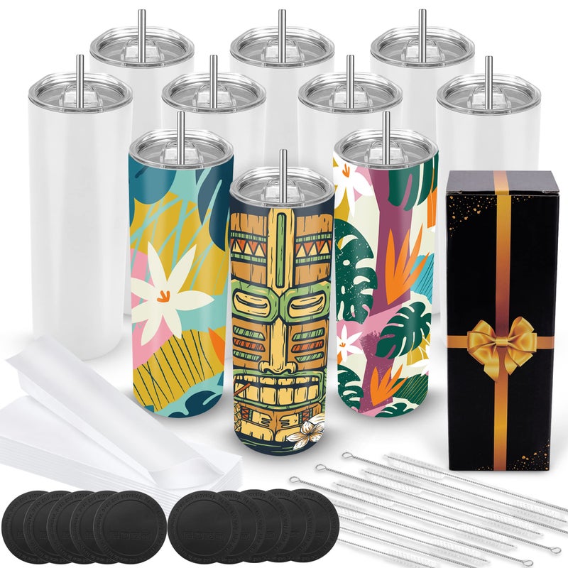 Joyclub Joyclub Sublimation Tumblers Blanks 20 oz 10 Pack Skinny Straight Tumblers Bulk Stainless Steel Insulated Sublimation Cups with Lid and Straw Gift Box