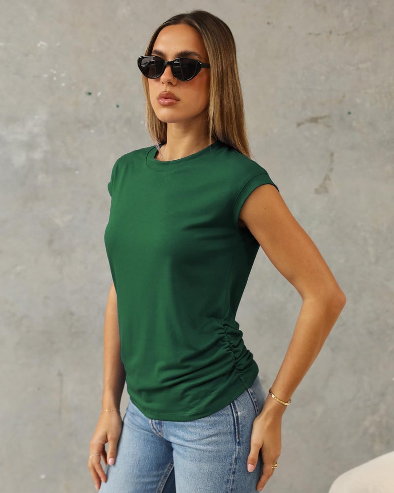 Abardsion Women's Trendy Going Out Tops 2025 Summer Clothes Elegant Cap Sleeve Crew Neck Loose Fit T Shirts (Dark Green, S) - Image 2