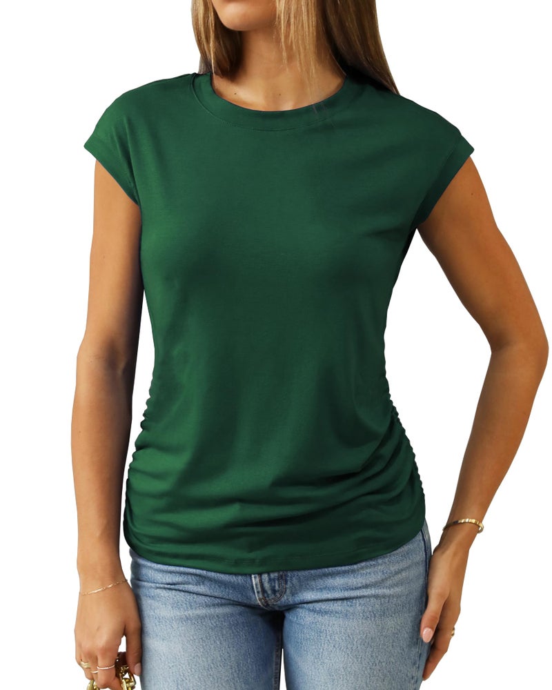 Abardsion Women's Trendy Going Out Tops 2025 Summer Clothes Elegant Cap Sleeve Crew Neck Loose Fit T Shirts (Dark Green, S) - Image 1
