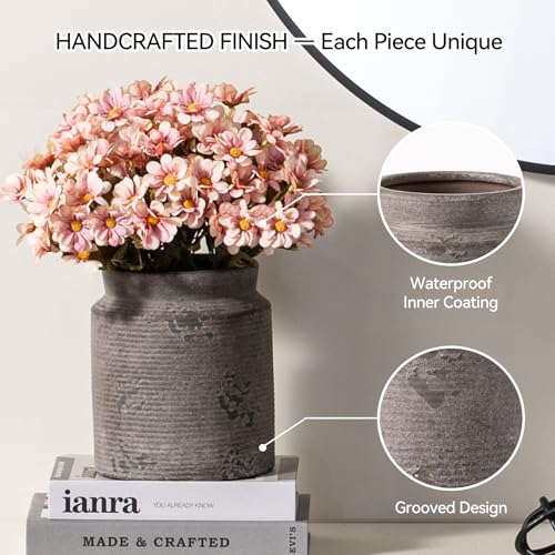 Dobbyby Ceramic Flower Vase 6.5 inch Farmhouse Rustic Vase for Home Decor Handcrafted Pottery Vase Small Terracotta Vases for Dining Table Fireplace Living Room Bathroom Wedding Centerpiece (S-Dark Gray) - Image 4