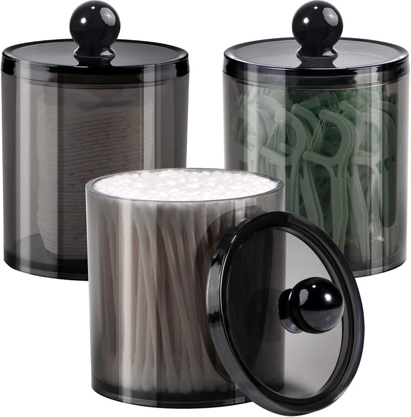 SheeChung 3 Pack Qtip Dispenser Apothecary Jars Bathroom with Labels- Black Plastic Qtip Holder Storage Set for Cotton Ball, Swab, Rounds,Floss Picks, Hair Clips，Hair Ties - Image 1