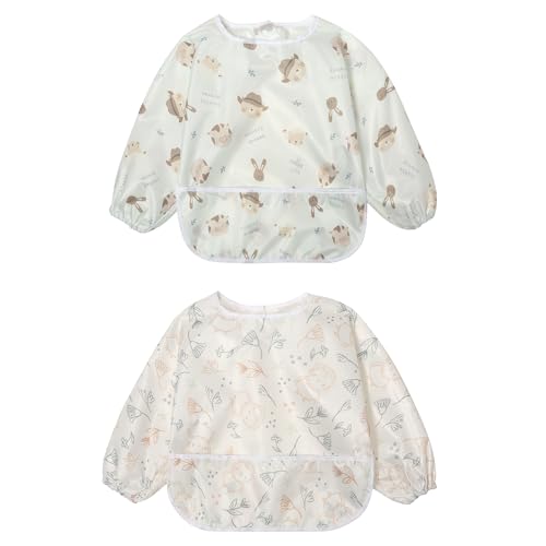 Little Dimsum Full Sleeved Feeding Bib 2 PackBaby Toddler Waterproof Bib ApronFood Protection Large Pocket Eating Smock 636 MonthsHat Bearowl - Image 1