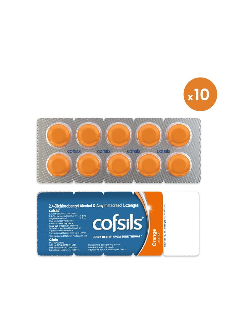 Cipla Cofsils Lozenges (100 Lozenges) | Orange Flavour | Quick Relief from Sore Throat, Itchy Throat and Scratchy Throat (10 x 10 Strips) - Image 2