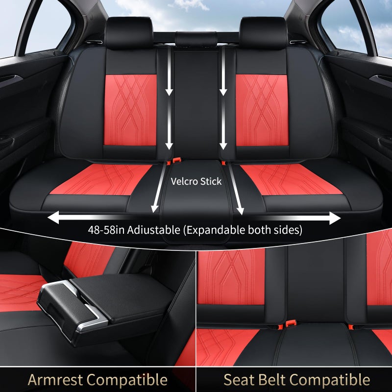 FLORICH Universal Seat Cover Full Set Leather Seat Covers 5 Seats Waterproof Seat Protector Car Seat Cushion Driver Seat Cover Universal Fit for Most Car Truck SUV, Black&Red - Image 4
