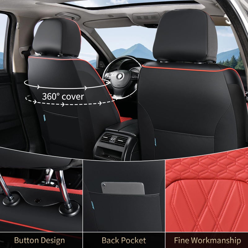 FLORICH Universal Seat Cover Full Set Leather Seat Covers 5 Seats Waterproof Seat Protector Car Seat Cushion Driver Seat Cover Universal Fit for Most Car Truck SUV, Black&Red - Image 3