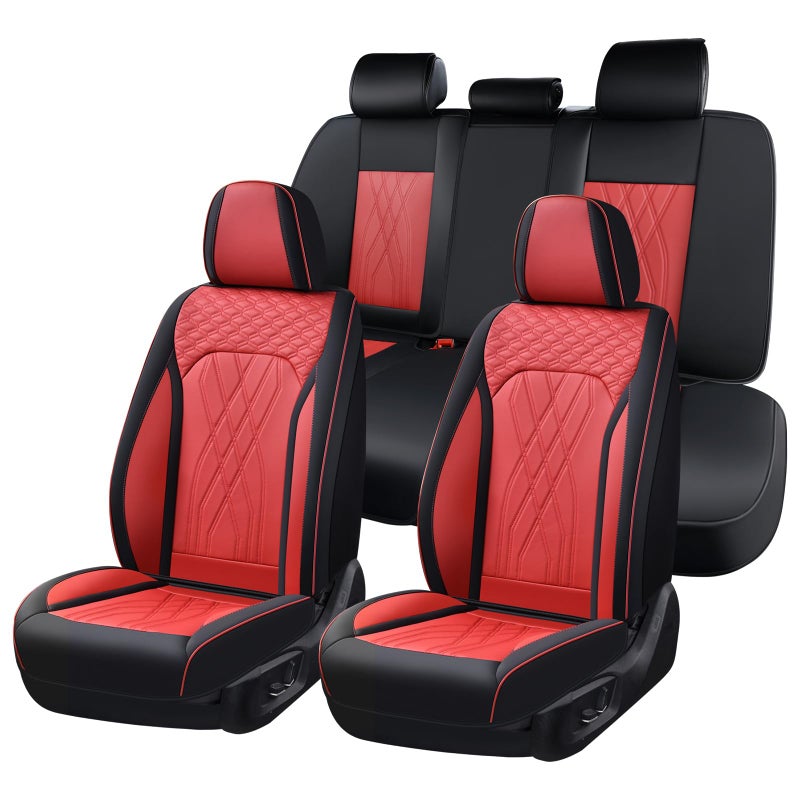 FLORICH Universal Seat Cover Full Set Leather Seat Covers 5 Seats Waterproof Seat Protector Car Seat Cushion Driver Seat Cover Universal Fit for Most Car Truck SUV, Black&Red - Image 1
