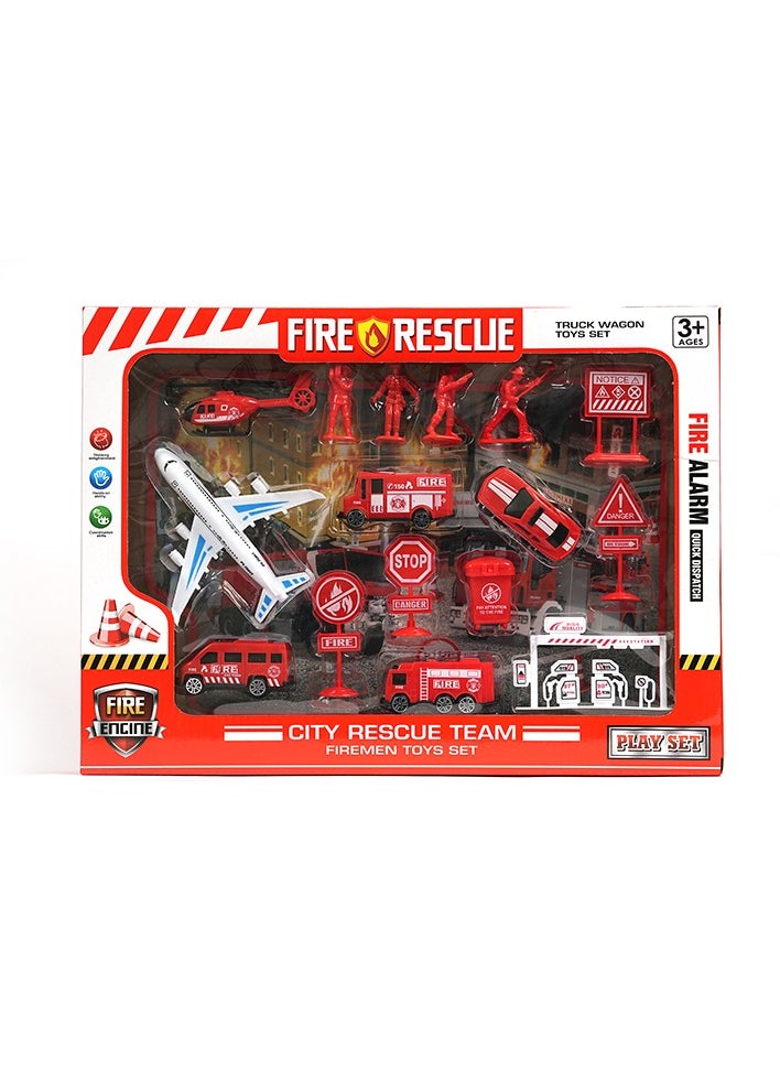 Generic Fire Rescue Play Set, 17 Pieces with Helicopter, Aircraft, Fire Trucks, Figurines and Road Signs, Red and White  - Image 1