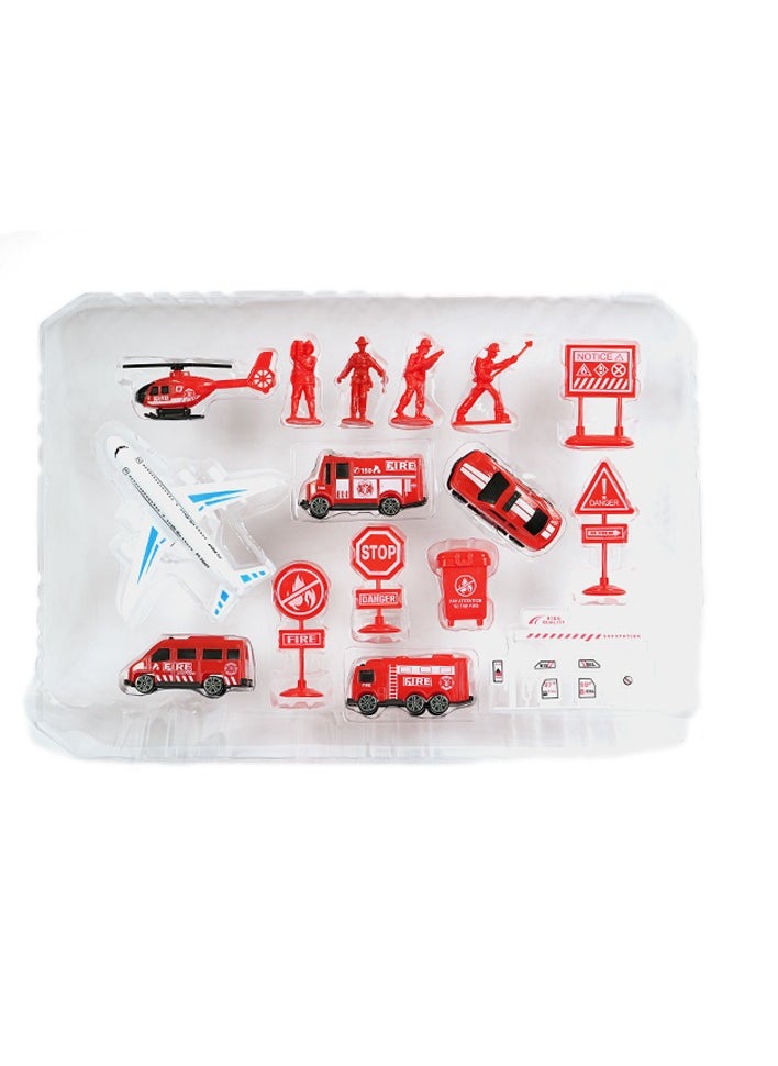 Generic Fire Rescue Play Set, 17 Pieces with Helicopter, Aircraft, Fire Trucks, Figurines and Road Signs, Red and White  - Image 2