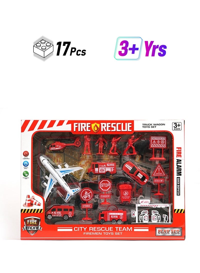 Fire Rescue Play Set, 17 Pieces with Helicopter, Aircraft, Fire Trucks, Figurines and Road Signs, Red and White - Image 1