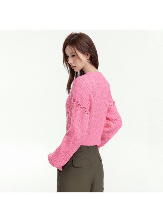 EPTISON Three-Dimensional Cable Knit Women'S Sweater, Autumn Academic Style With Hollow-Out Tie Design, Lazy Short Top - Image 5