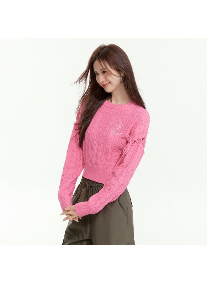 EPTISON Three-Dimensional Cable Knit Women'S Sweater, Autumn Academic Style With Hollow-Out Tie Design, Lazy Short Top - Image 3