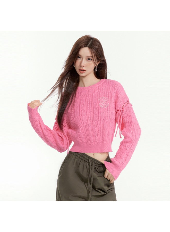 EPTISON Three-Dimensional Cable Knit Women'S Sweater, Autumn Academic Style With Hollow-Out Tie Design, Lazy Short Top - Image 2