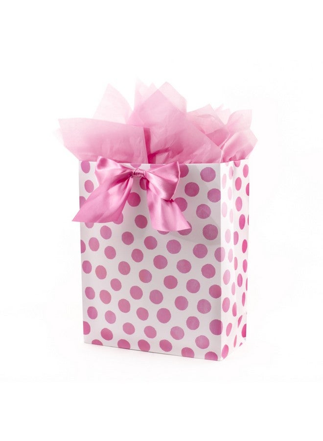 Hallmark حقيبة هدايا كبيرة جداً 15" من هالمارك مع ورق تزيين (نقاط وردية وقوس) لأعياد الميلاد، عيد الفصح، حفلات استقبال المواليد، حفلات الزفاف، أي مناسبة - Image 1