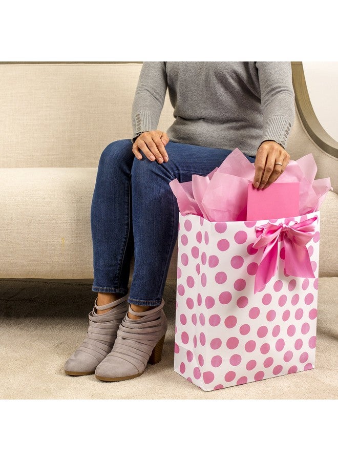 Hallmark حقيبة هدايا كبيرة جداً 15" من هالمارك مع ورق تزيين (نقاط وردية وقوس) لأعياد الميلاد، عيد الفصح، حفلات استقبال المواليد، حفلات الزفاف، أي مناسبة - Image 2