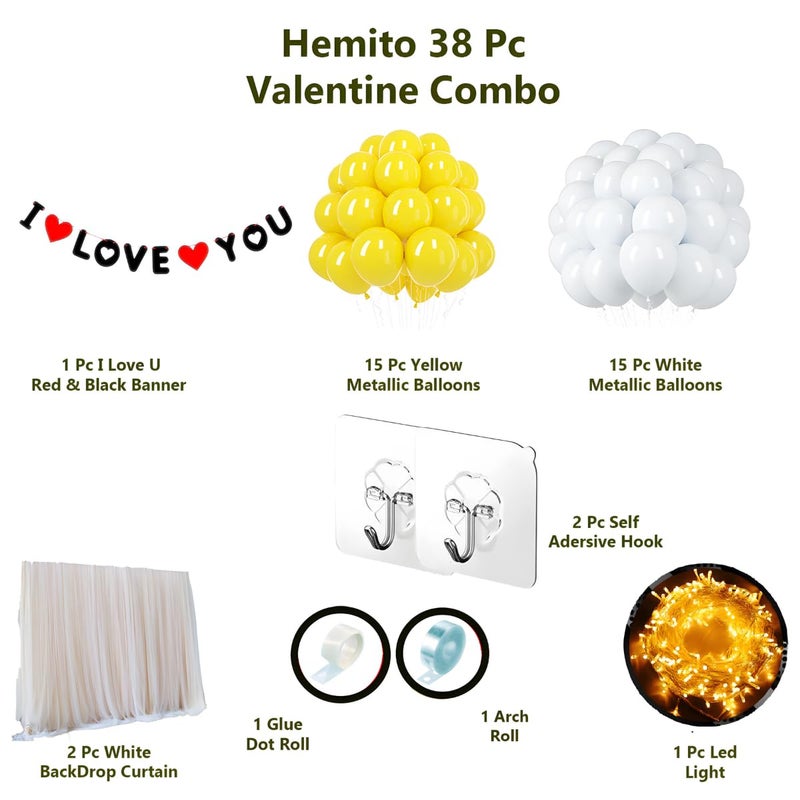Hemito 38 Pc Valentine Decoration Kit- I Love U Banner,Balloons,White Net Curtain Cloth with led light| Wedding Anniversary Romantic Decoration Items for Girls Boys Couples Husband Wife - Image 2
