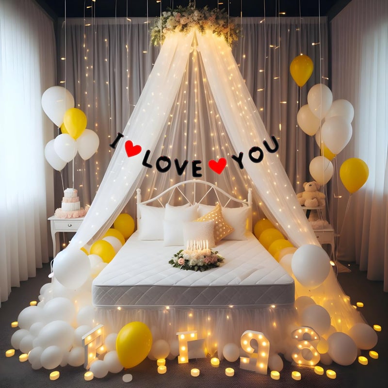 Hemito 38 Pc Valentine Decoration Kit- I Love U Banner,Balloons,White Net Curtain Cloth with led light| Wedding Anniversary Romantic Decoration Items for Girls Boys Couples Husband Wife - Image 1