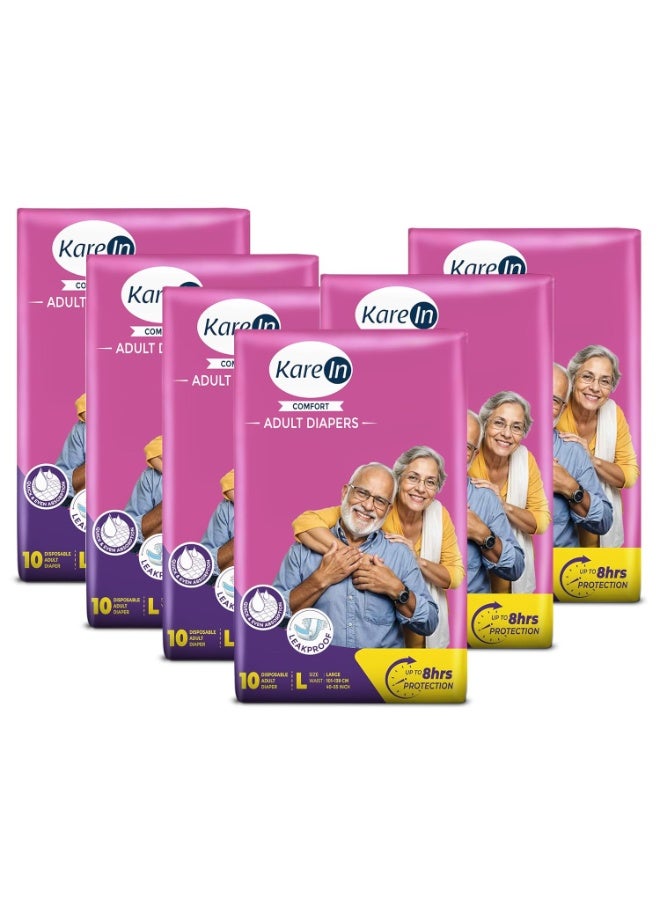 KareIn Comfort Adult Diapers, Large, Waist Size 101-139 Cm (40"-55"), Tape Style, Unisex, High Absorbency, Leak Proof, Wetness Indicator, Pack of 6, 60 Count