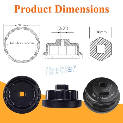 Ibetter Heavy Duty Oil Filter Wrench for Toyota,Lexus,RAV4,Camry,Tundra,Highlander,Sienna,Cruiser,Venza-Filter Cap Removal Socket Tool for 2.5-5.7L Engines with 64mm Cartridge Style Oil Filter Housings - Image 4