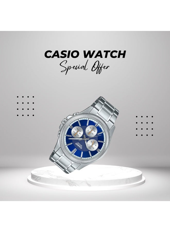 كاسيو ساعة كاسيو إنتايسر MTP-1375D-2A1VDF للرجال، أنالوج متعدد الموانئ - مينا أزرق، سوار من الفولاذ المقاوم للصدأ، حركة كوارتز، عرض اليوم والتاريخ، مقاومة للماء حتى عمق 50 متر، ساعة يد رسمية كلاسيكية - Image 2